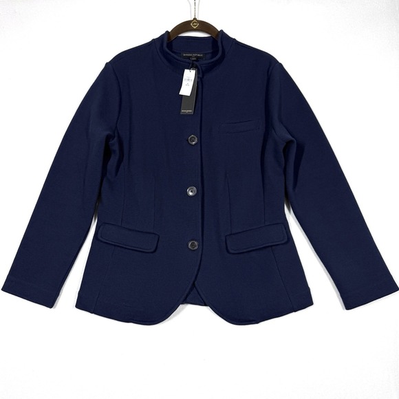 Banana Republic Blazer Womens Medium Petite Knit Pique Jacket Military Navy NWT